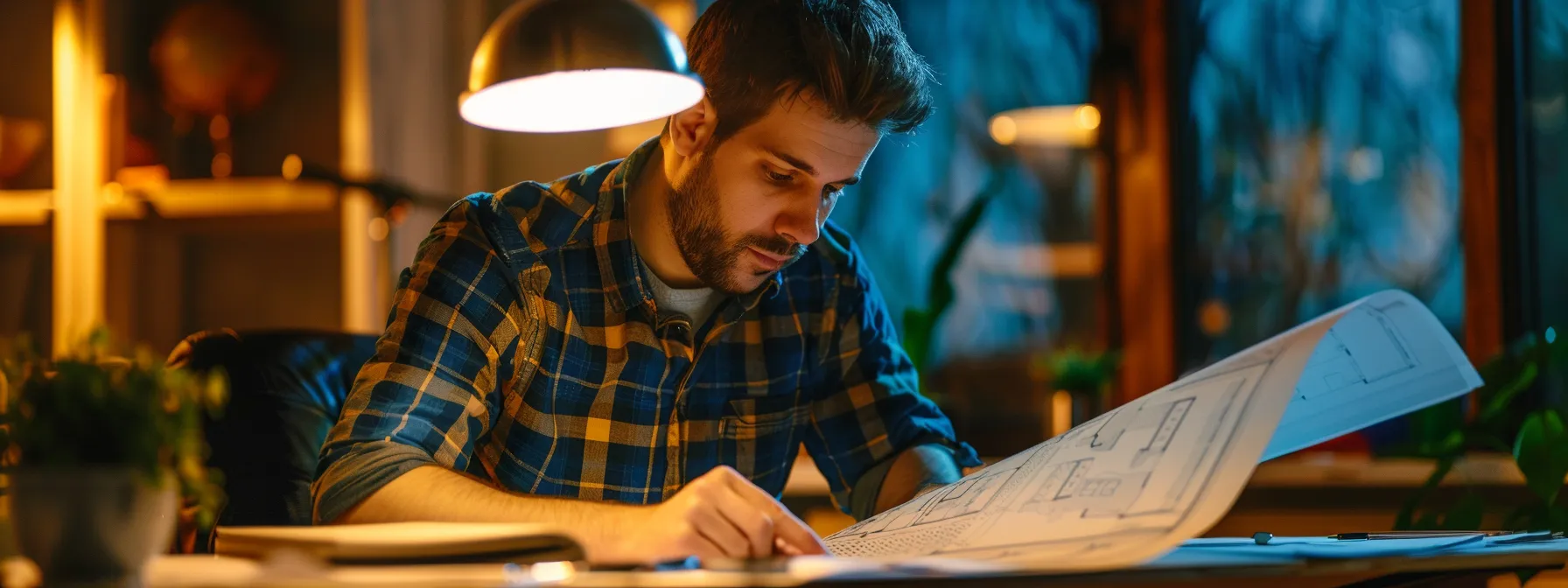 a confident, experienced custom home builder in frederick, md carefully examines architectural blueprints under the soft glow of a desk lamp.