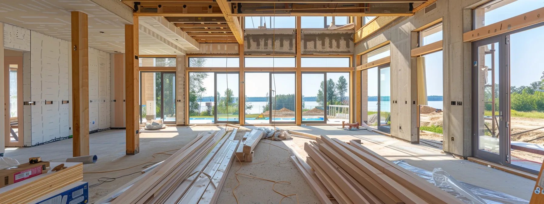 a modern custom home under construction, showcasing energy-efficient features, sleek smart home technology, and high-quality materials within a budget-friendly framework.