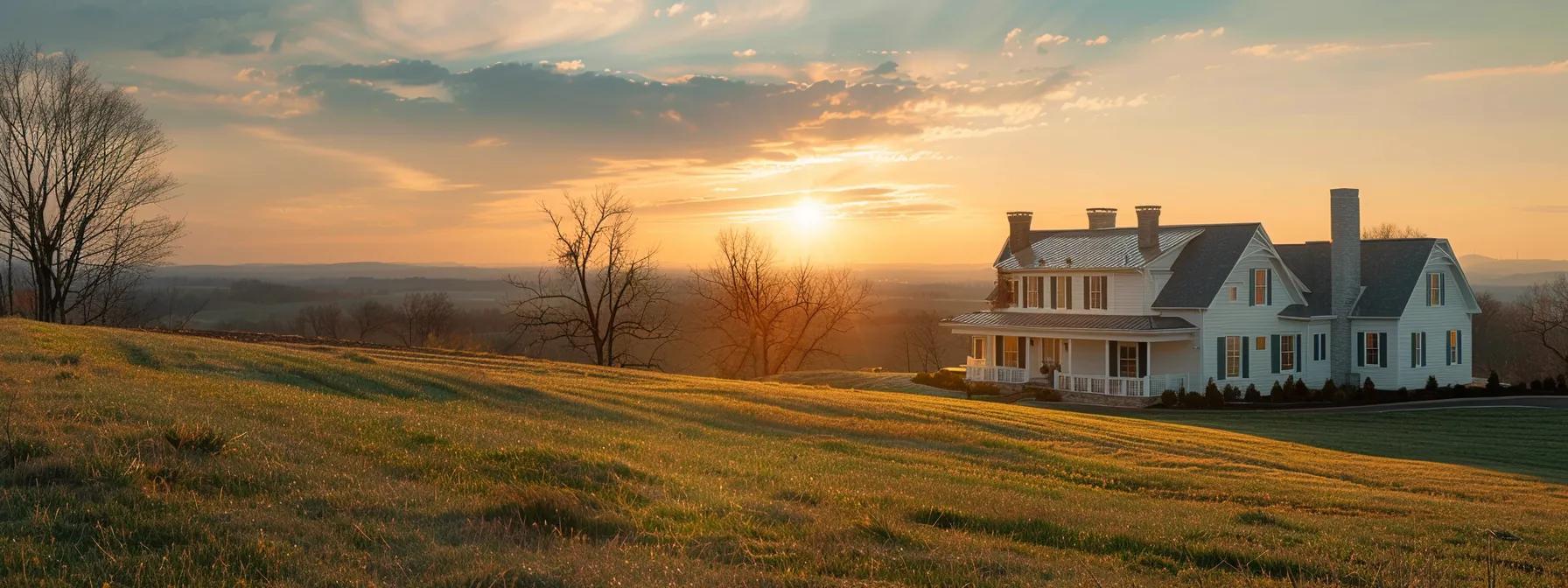 a breathtaking view of a custom-built home showcasing unique architectural design, set against the serene backdrop of the monocacy national battlefield at golden hour, emphasizing the craftsmanship and individuality that distinguishes custom home builders in frederick, maryland.