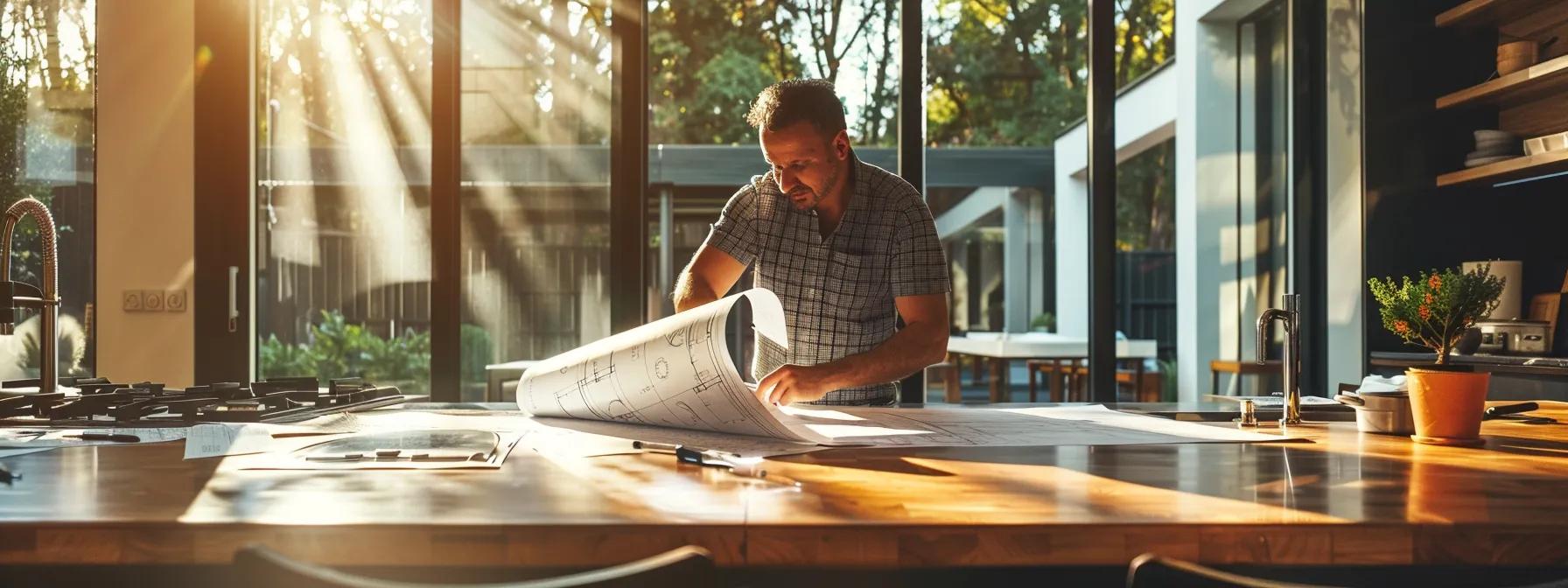 a confident custom home contractor reviews blueprints in a sunlit, modern kitchen, showcasing their expertise and professionalism amidst a backdrop of elegant design elements and rich materials.