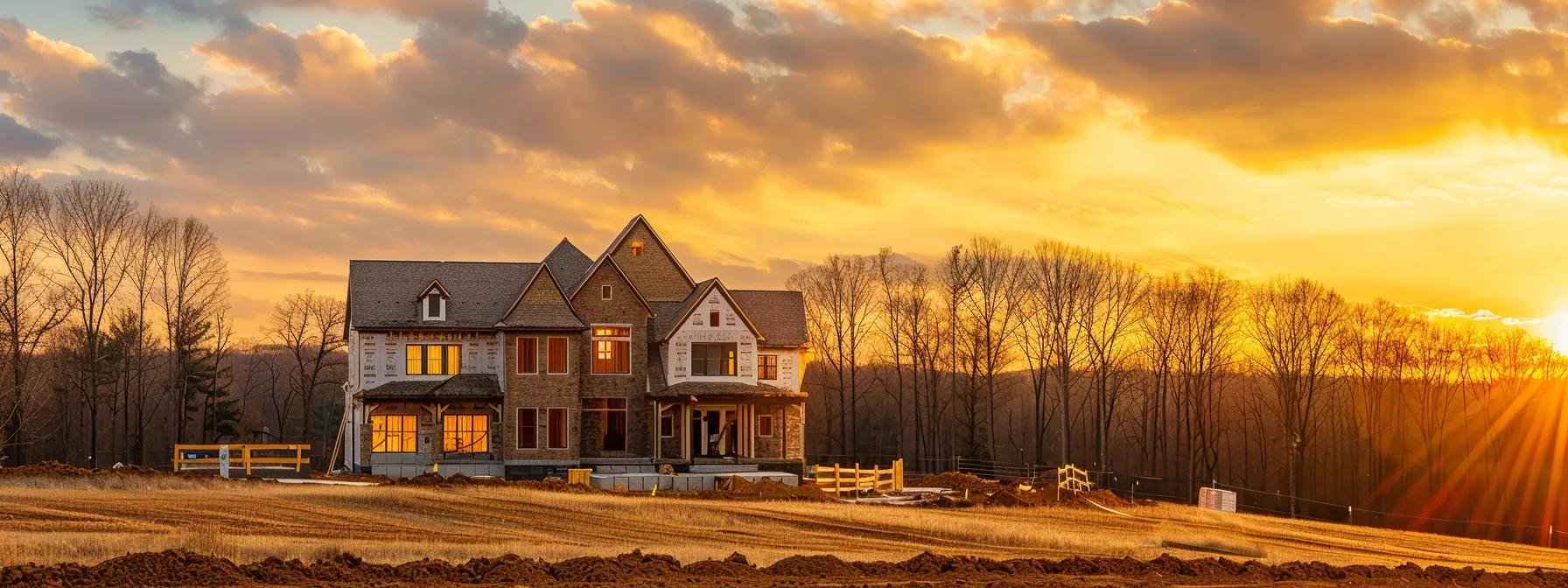 a serene, well-designed construction site in frederick, maryland, illuminated by the golden hour sun, showcasing a meticulously detailed custom home being crafted, symbolizing the importance of careful selection and clear communication when hiring contractors.