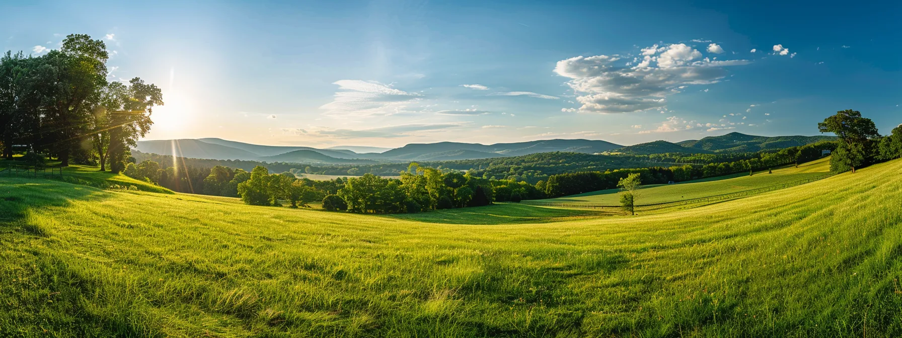 a panoramic view of a serene, sunlit landscape in frederick, showcasing a spacious, fertile plot of land framed by rolling hills and vibrant greenery, symbolizing the ideal foundation for sustainable homebuilding.