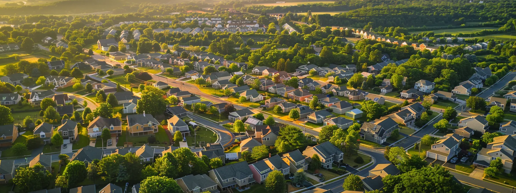 a panoramic view of a vibrant frederick neighborhood showcasing lush green landscapes and modern homes, bathed in golden sunlight, symbolizing the thriving real estate market and construction opportunities.