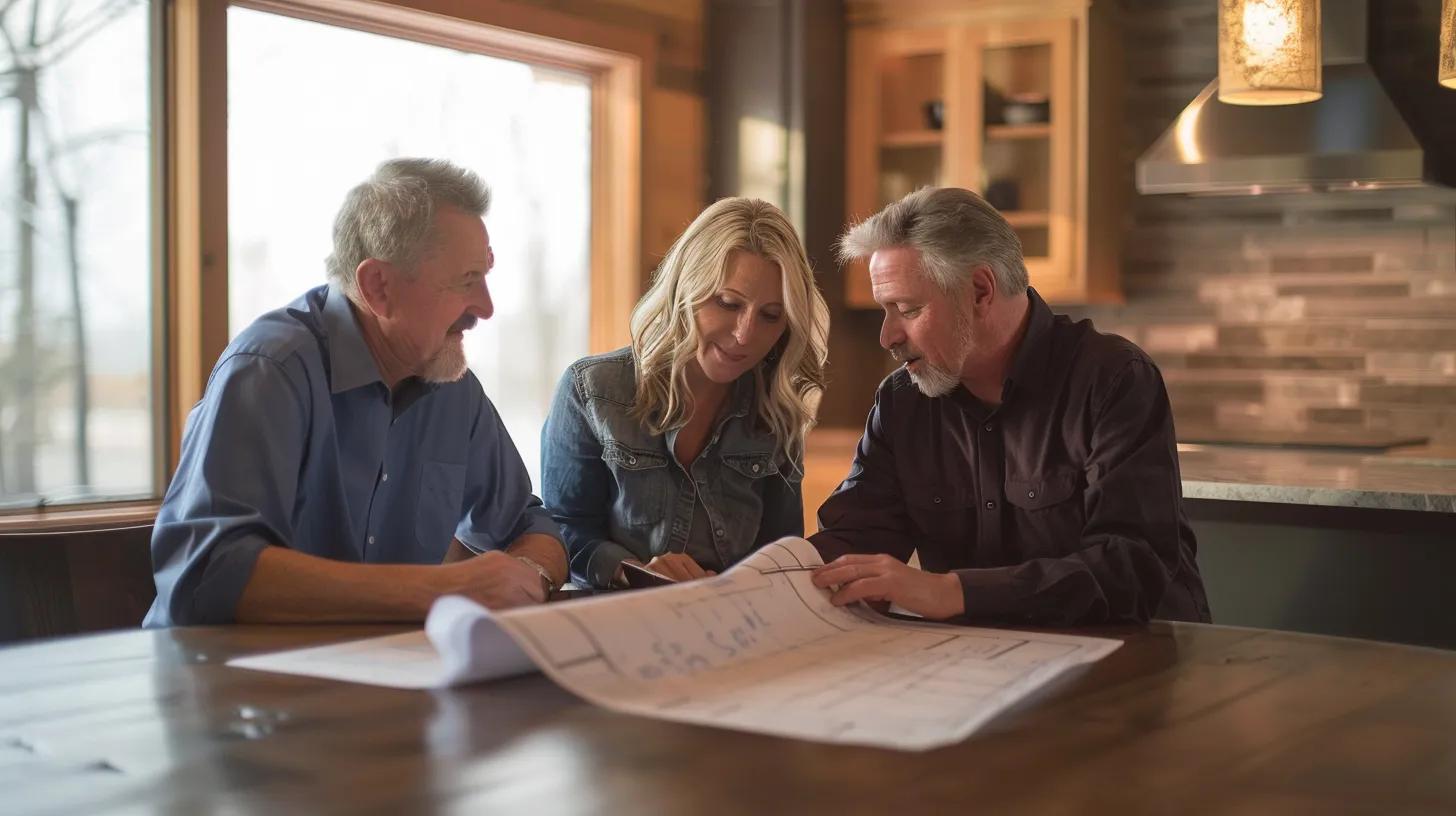 a home builder sitting at a table with a couple while looking at a blueprint of a custom home
