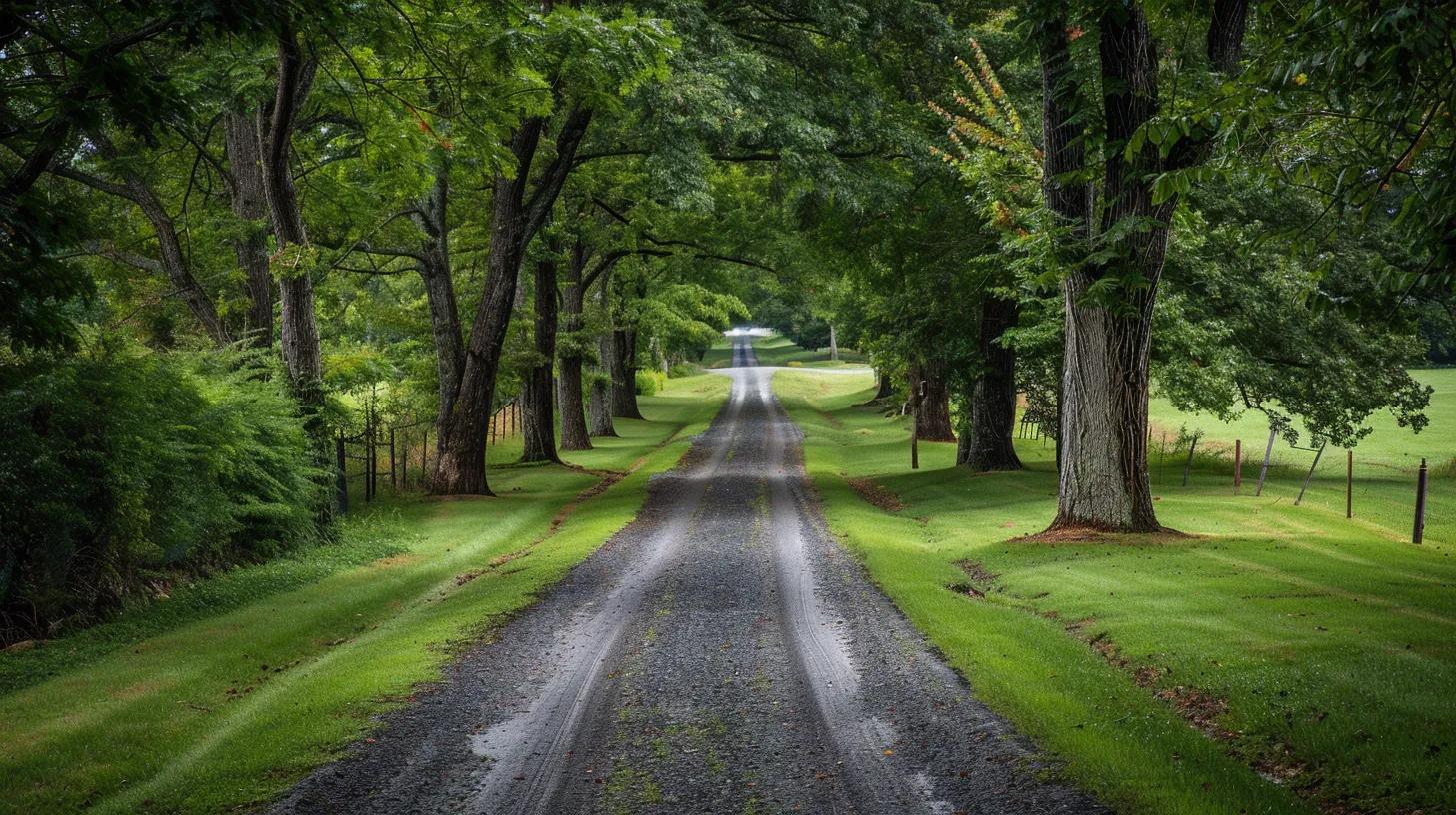 Gravel road lined with trees and greenery, illustrating ideal road access for new home construction in Maryland.