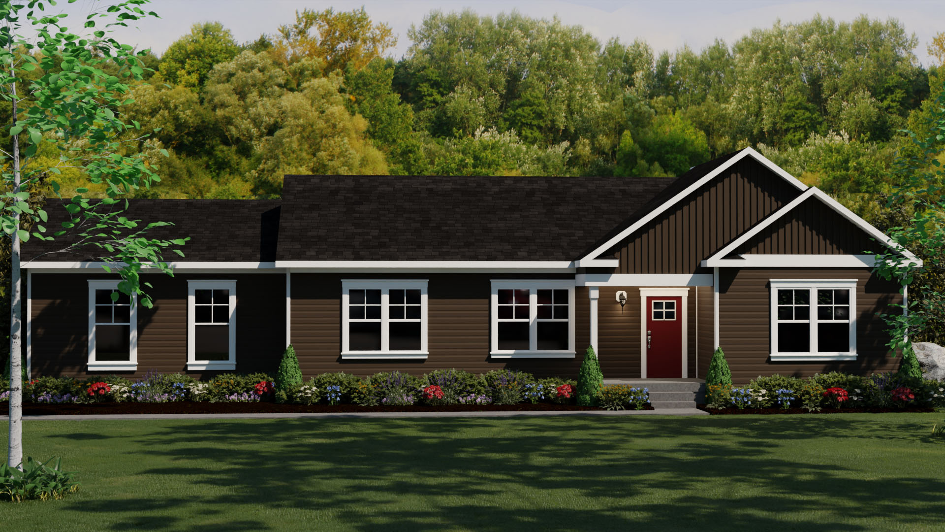 Front view of Emerson model home with 3 bedrooms, 2 bathrooms, landscaped yard, and surrounding trees.