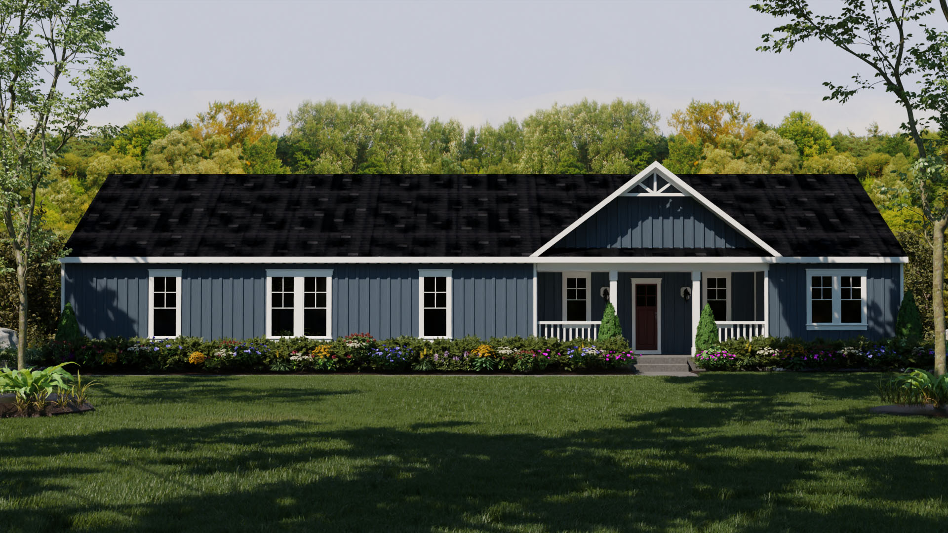 Emerson II home exterior featuring a blue facade, black roof, front porch, and landscaped garden, showcasing 3 bedrooms and 2 bathrooms under 2,000 SQ.FT.